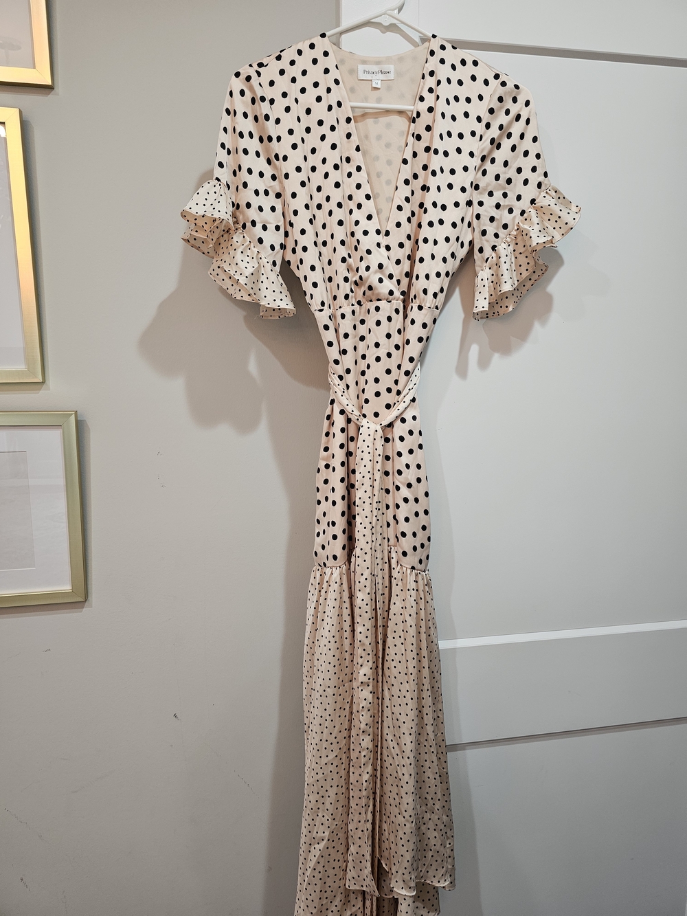 Privacy Please Blush Beige & Black Polka Dot Wrap Maxi Dress